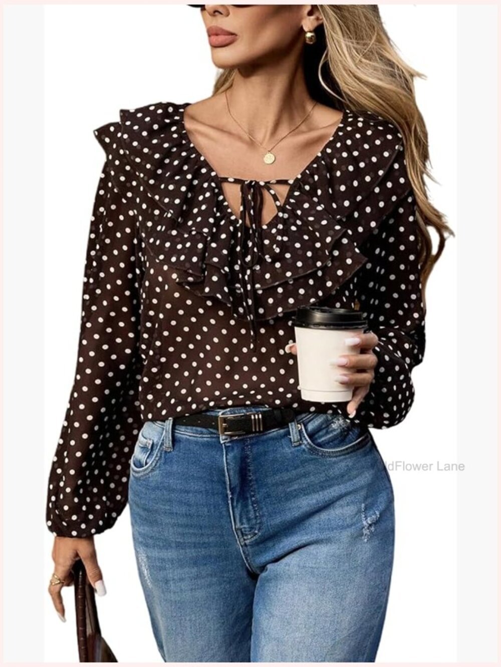 Polka Dots Blouse Elegant Ruffle Tie Front V Neck Long Sleeve Dressy Business